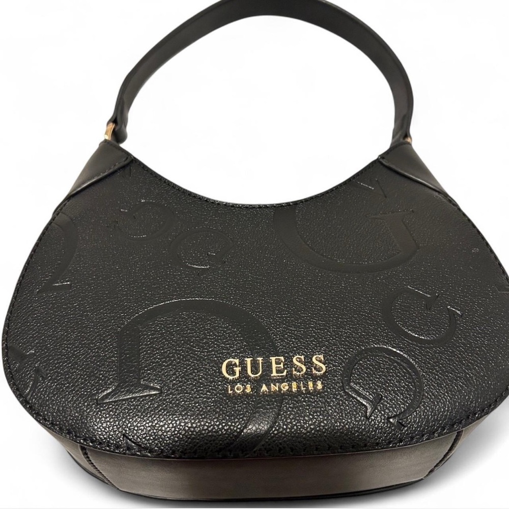 Guess black leather shoulder bag with gold logo.